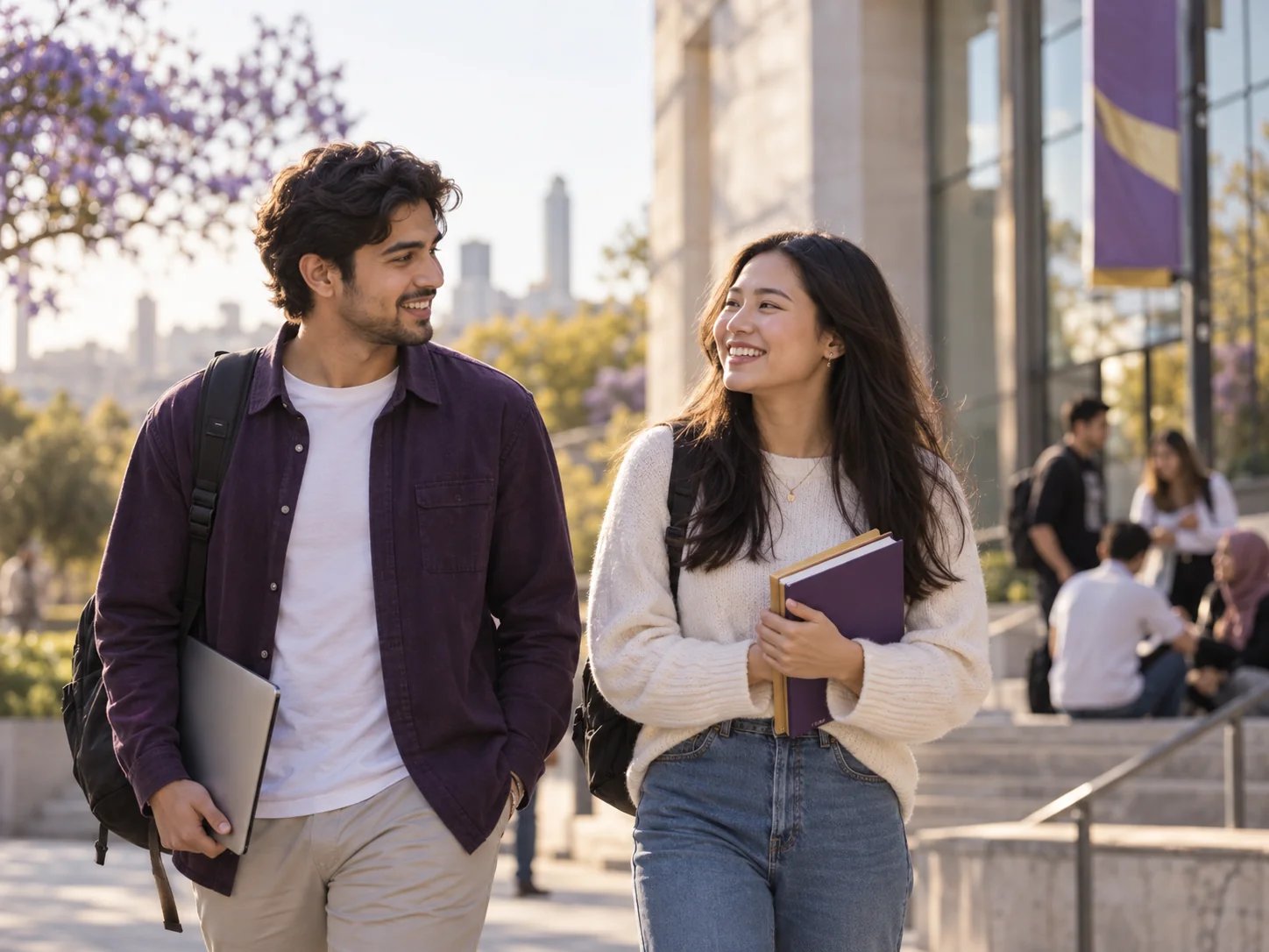 Two international students walking together on a university campus